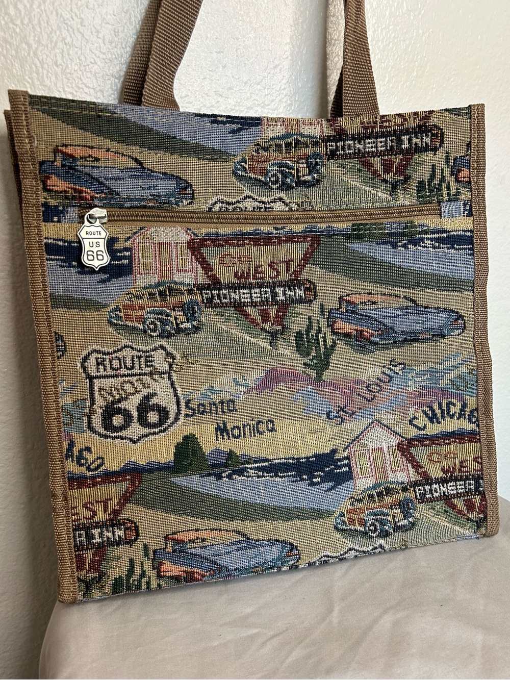 Vintage-Inspired Route 66 Tapestry Tote Bag in Brown Multi-Color from 2001